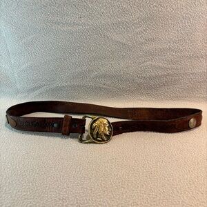 Vintage 70’s Solid Brass Indian Head Nickel Belt Buckle Genuine Leather Belt Sma